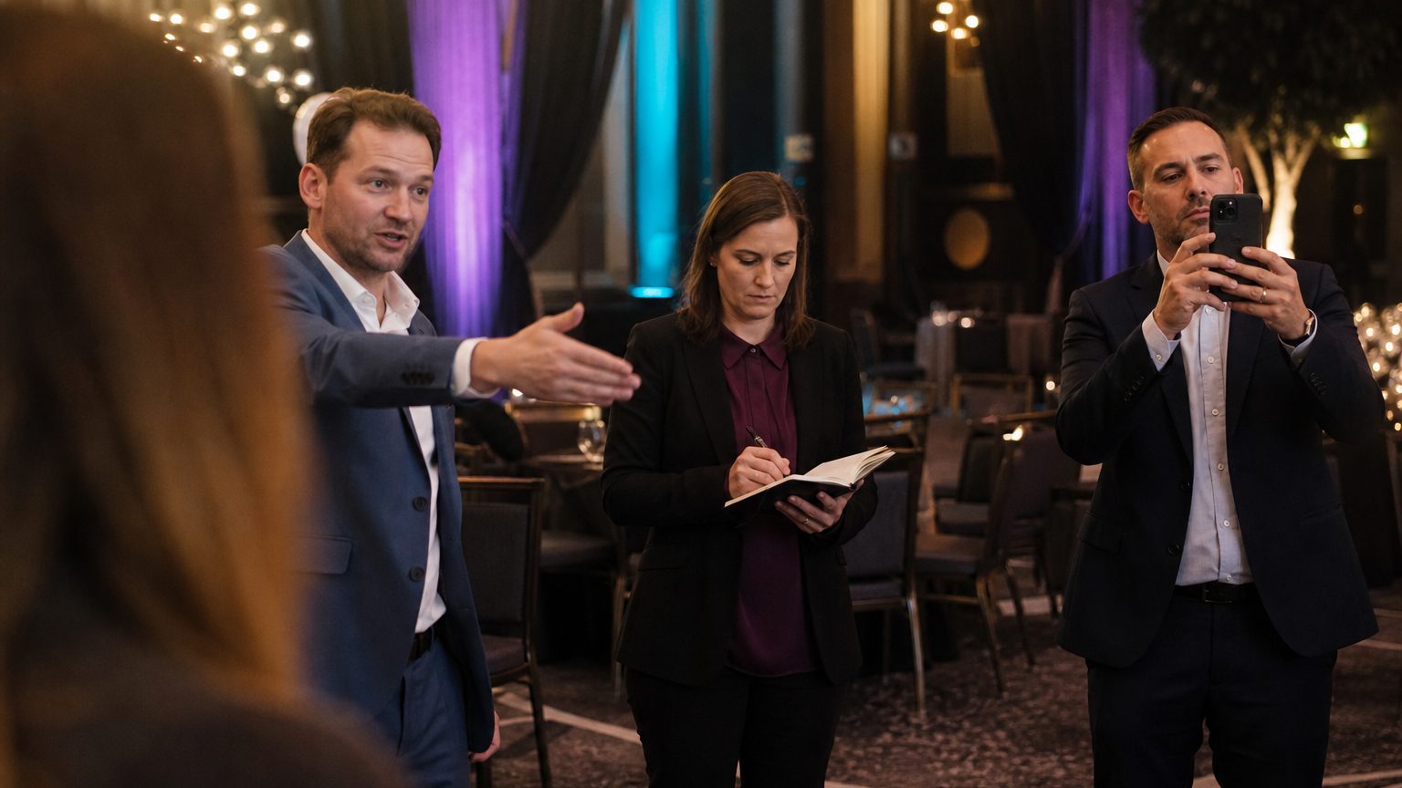A venue manager gesturing across a function space to two corporate planners