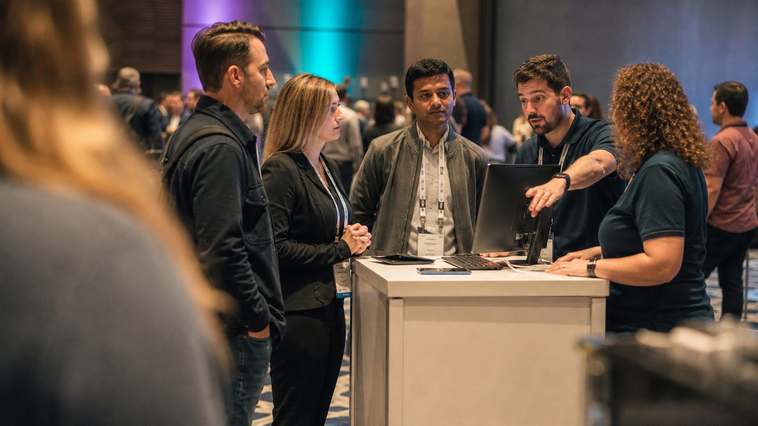 Two exhibitors in branded polos talking with three visitors at a booth counter