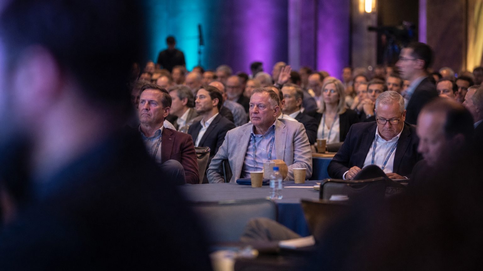 A presenter gesturing at the front of a packed ballroom