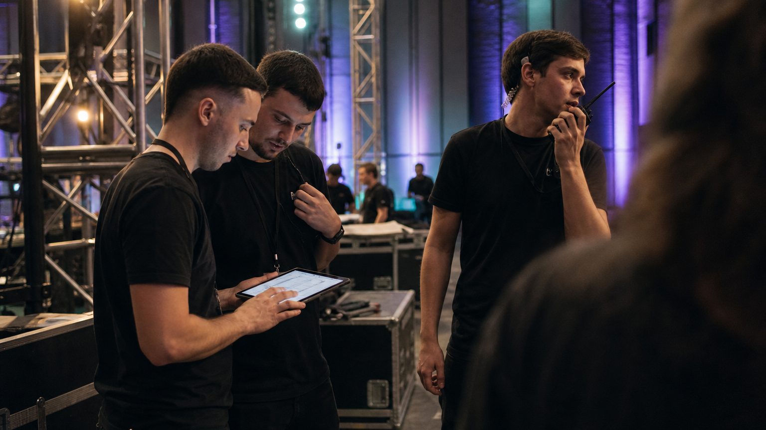 Two crew in black checking a rigging plot on a tablet while a third talks into a radio