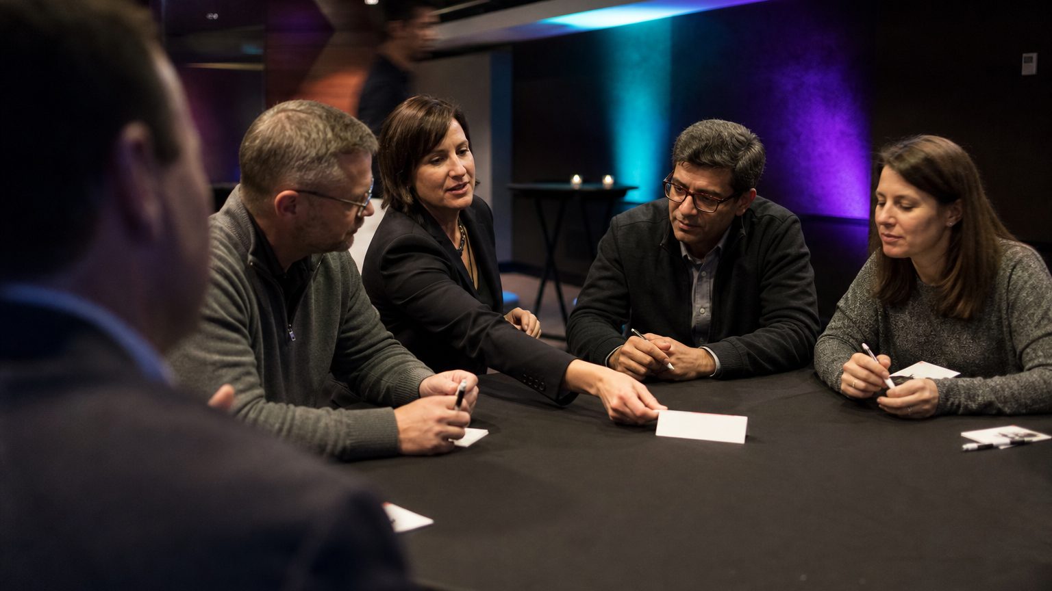 A meeting attendee leaning in to speak while a colleague writes a decision item on a shared notepad