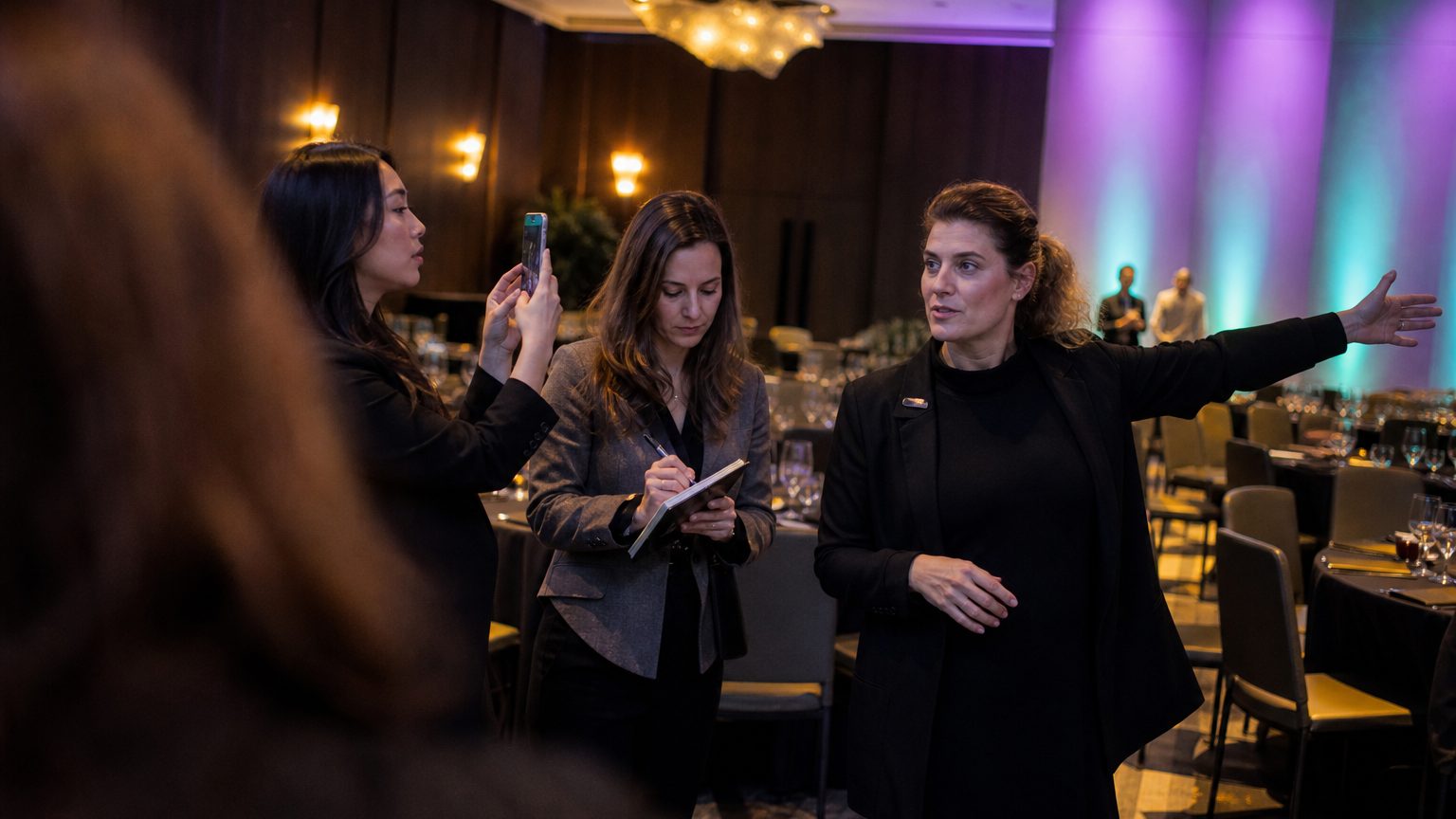 A venue manager gesturing across a function space to two corporate planners