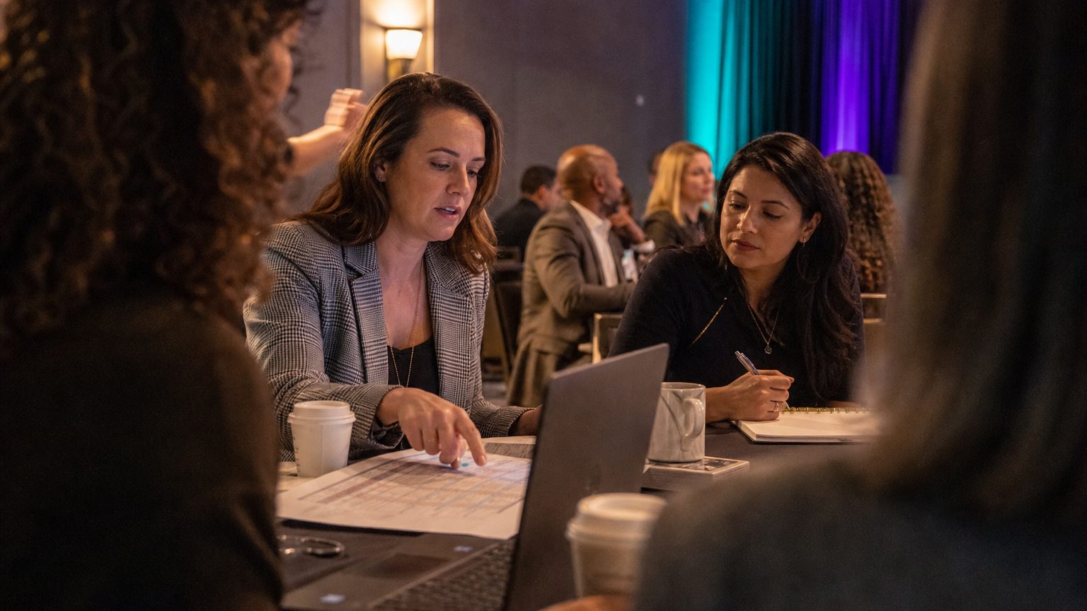 Two corporate event planners across a hotel meeting-room table mid-discussion