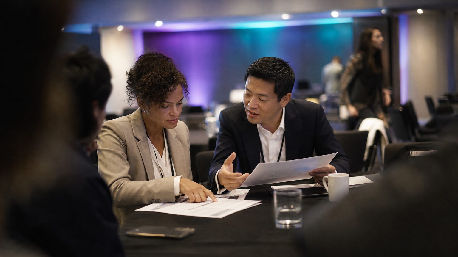 Two corporate planners reviewing printed event feedback at a table after an event