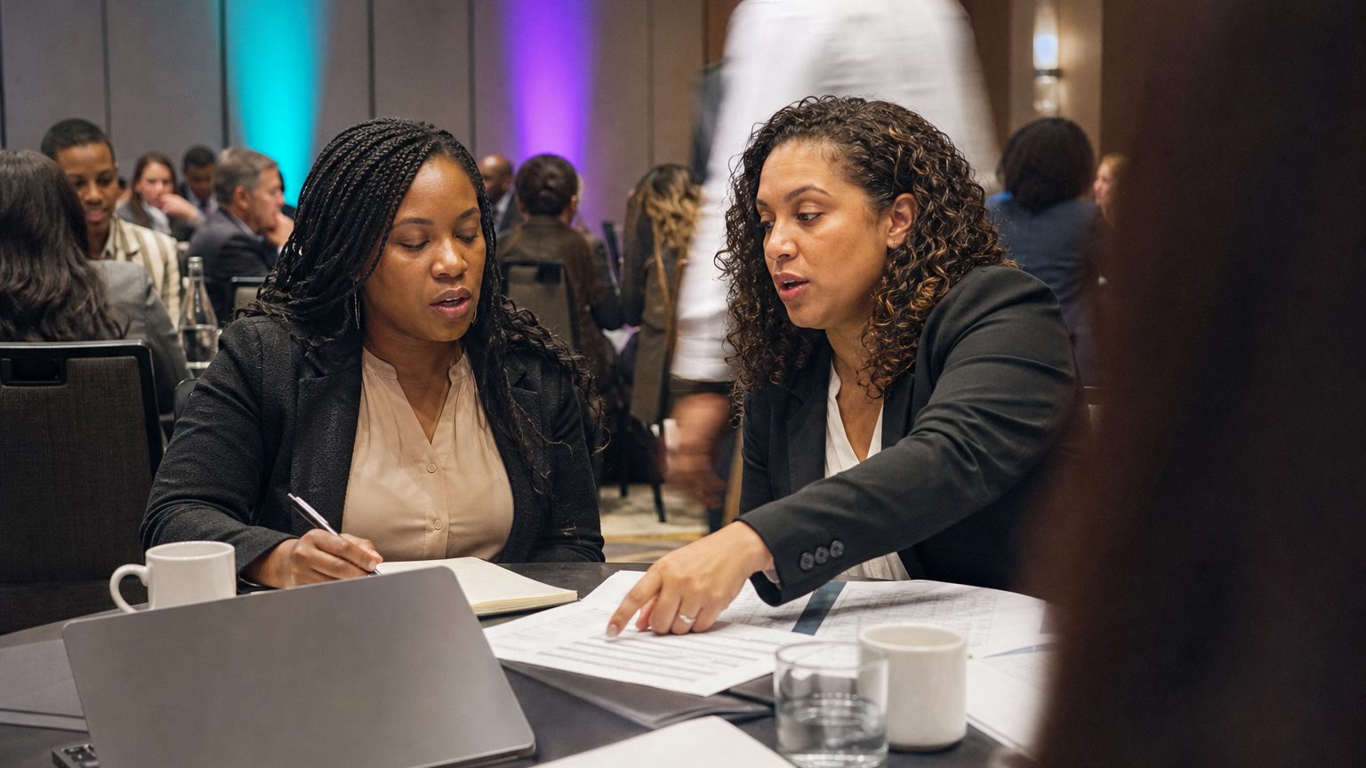 Two corporate event planners across a hotel meeting-room table mid-discussion