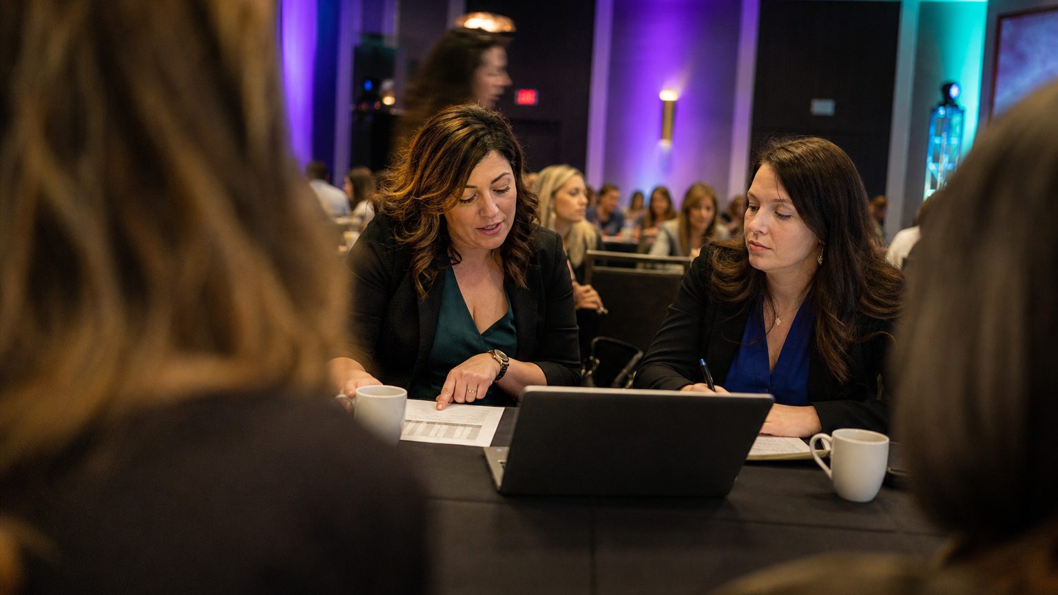 Two corporate event planners across a hotel meeting-room table mid-discussion