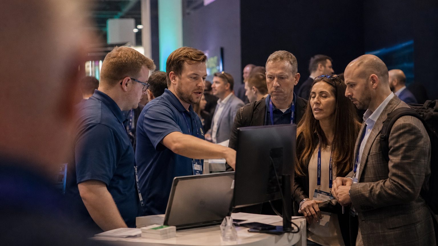 Two exhibitors in branded polos talking with three visitors at a booth counter