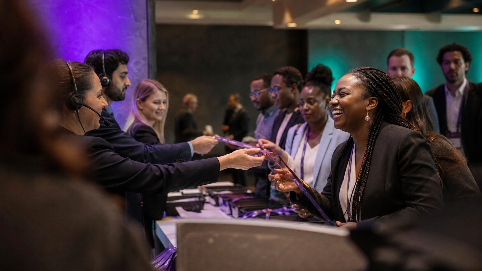 Three staff in headsets handing badges across the counter to arriving attendees