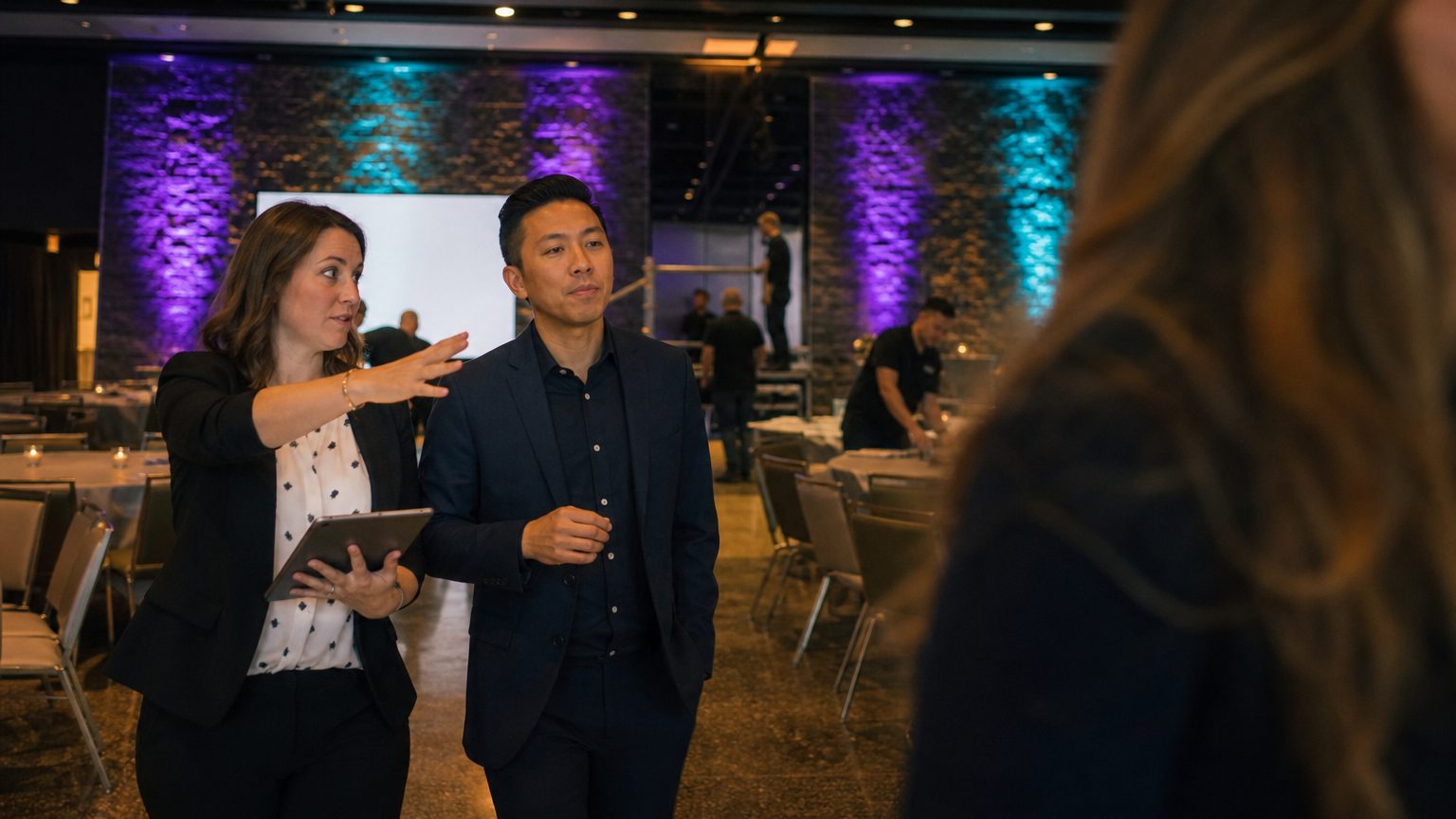 Two corporate event planners walking a venue together mid-conversation