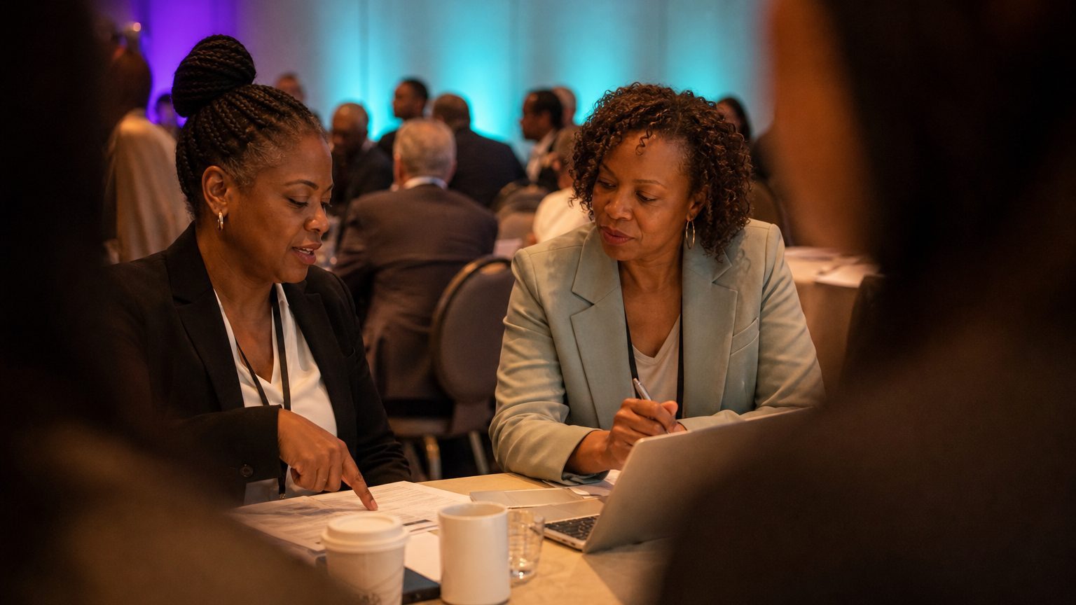 Two corporate event planners across a hotel meeting-room table mid-discussion