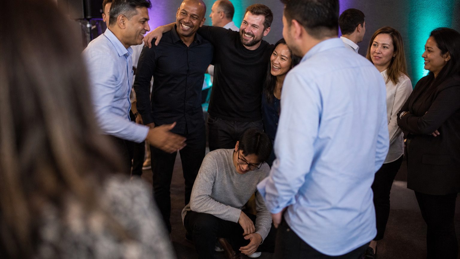 A mixed group of ten colleagues mid-activity