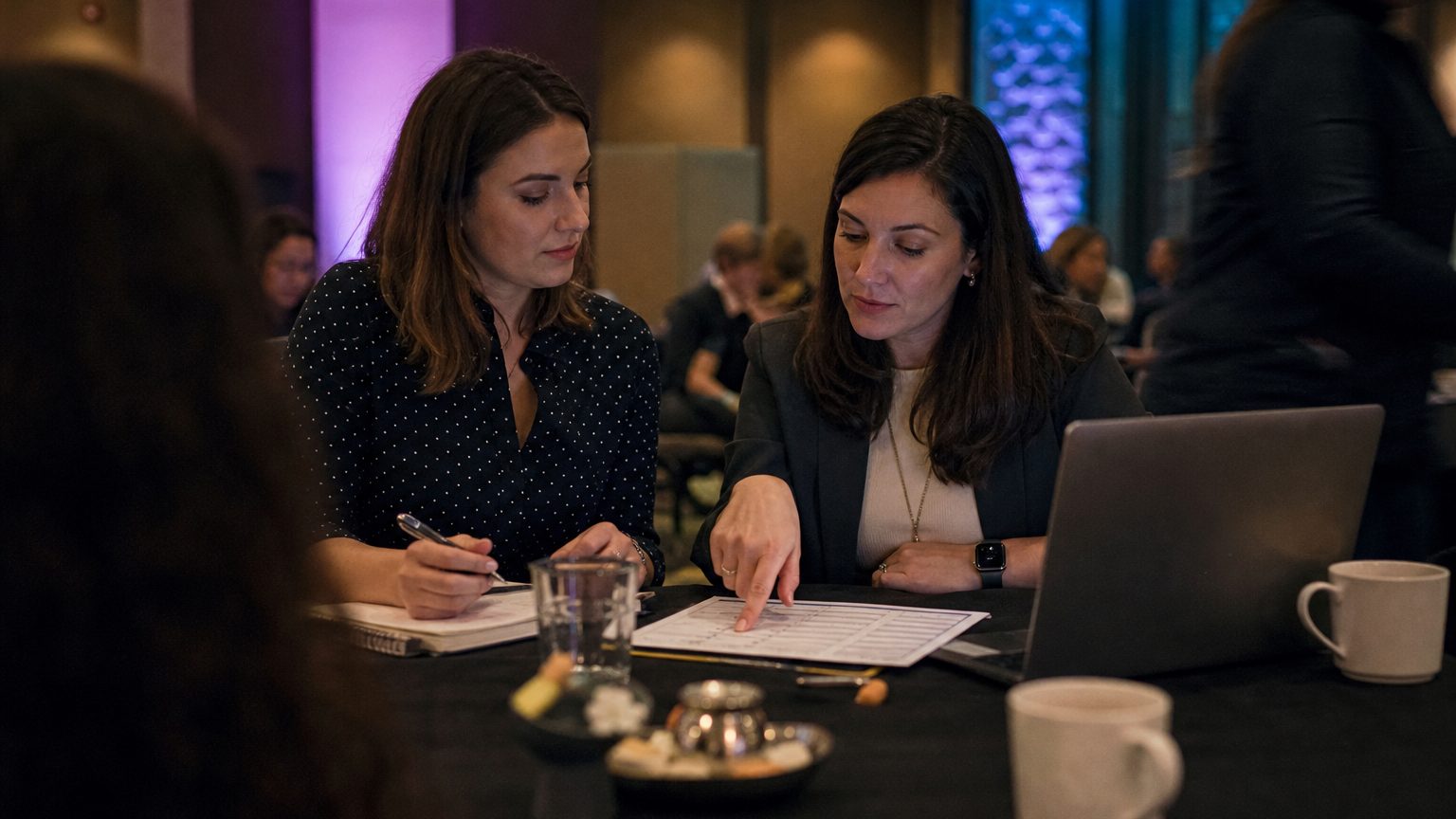 Two corporate event planners across a hotel meeting-room table mid-discussion