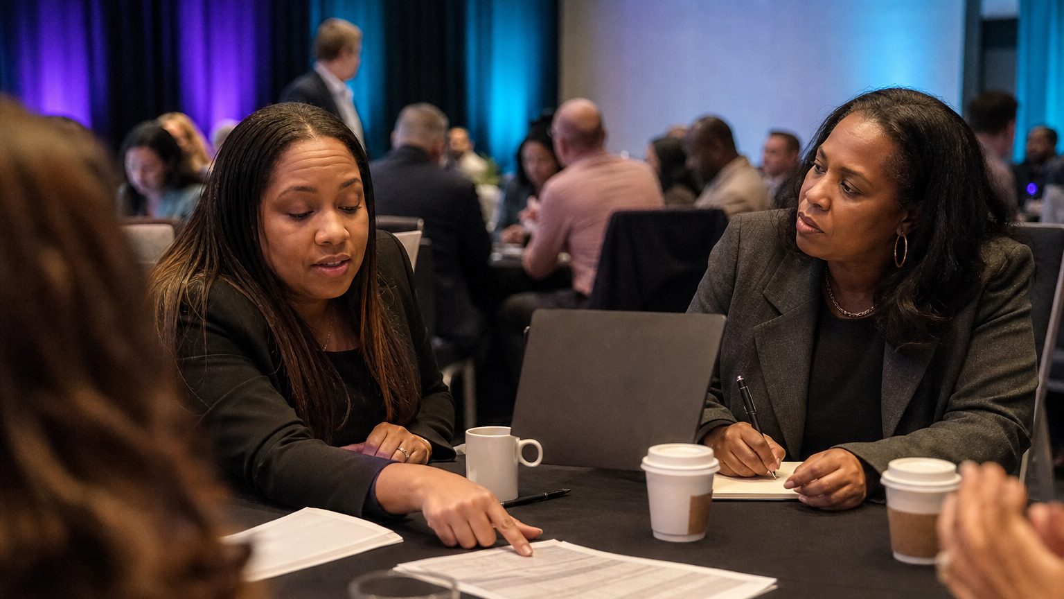 Two corporate event planners across a hotel meeting-room table mid-discussion