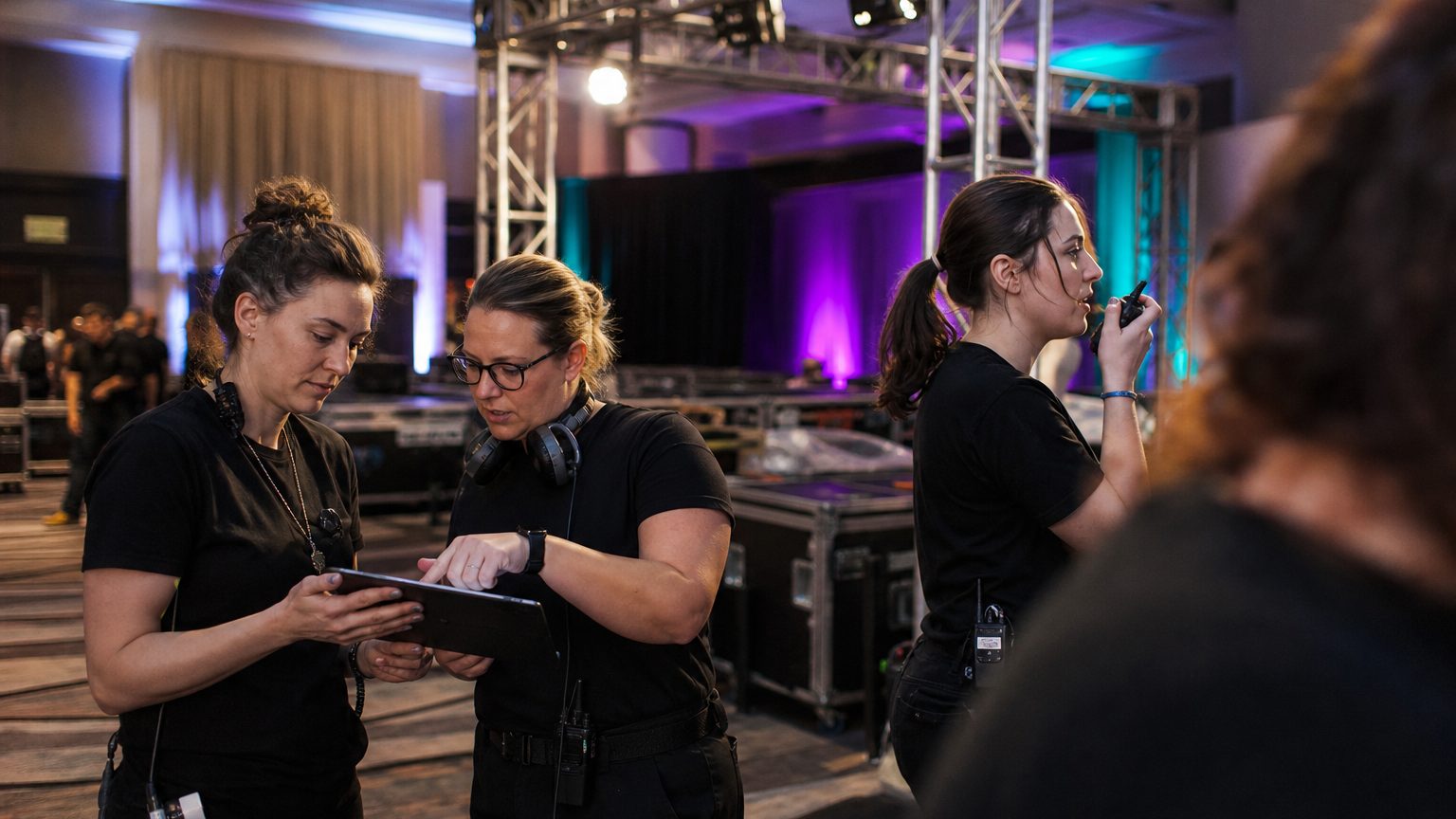 Two crew in black checking a rigging plot on a tablet while a third talks into a radio