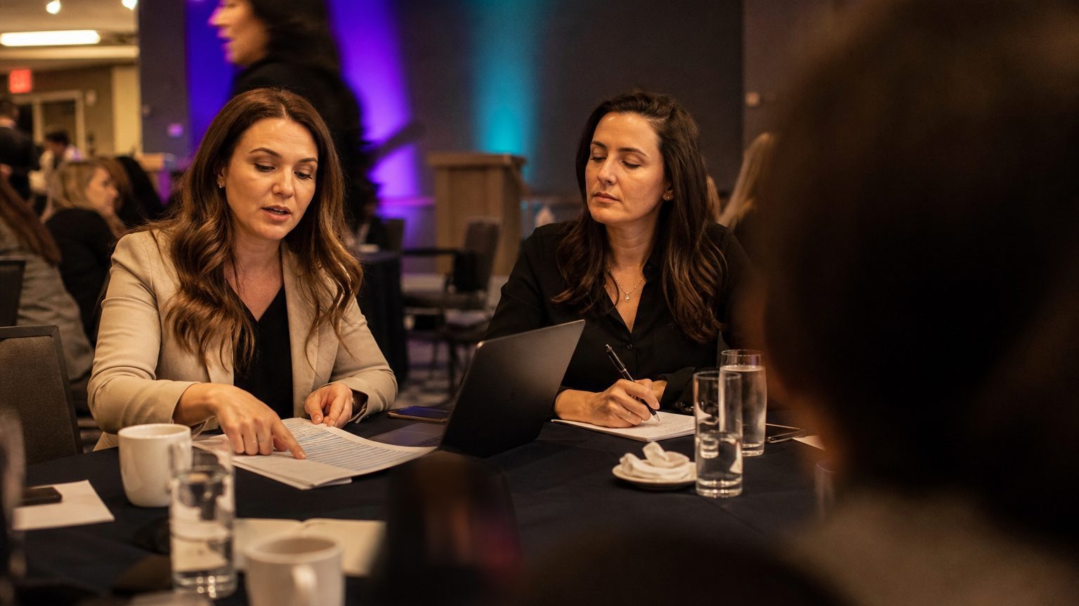 Two corporate event planners across a hotel meeting-room table mid-discussion