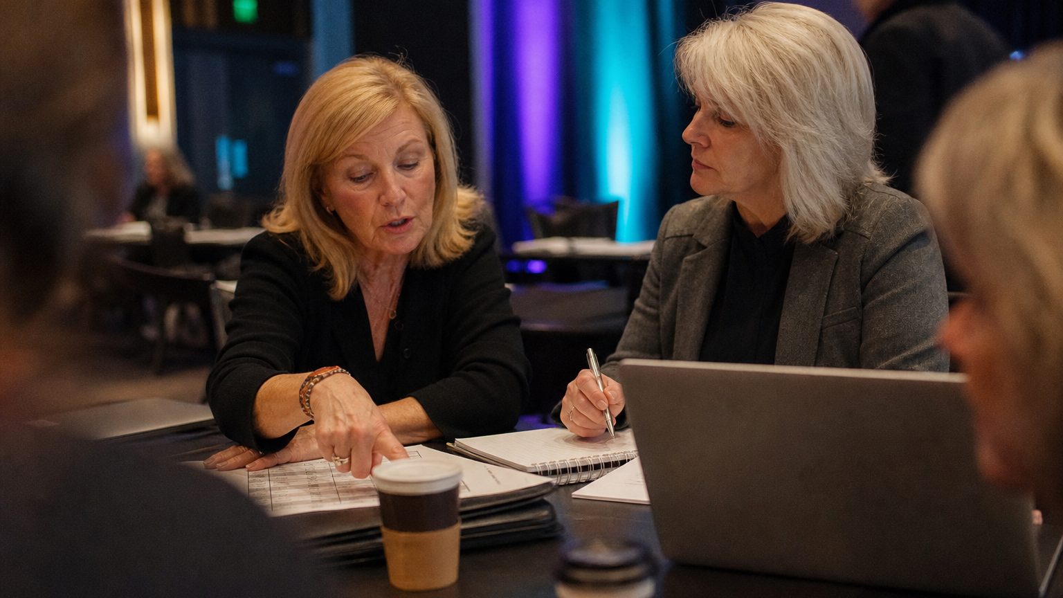 Two corporate event planners across a hotel meeting-room table mid-discussion