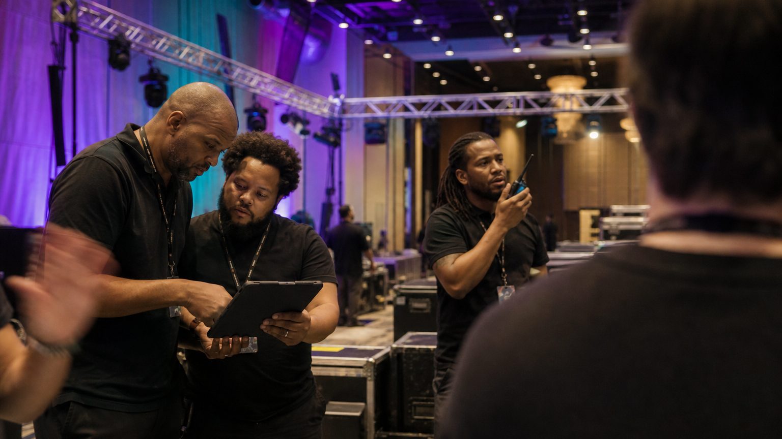 Two crew in black checking a rigging plot on a tablet while a third talks into a radio