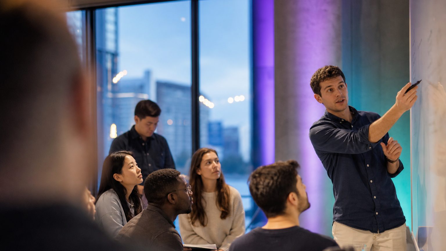 Team leader uses a whiteboard to write and adjust a list of diverse qualification criteria while team members watch at