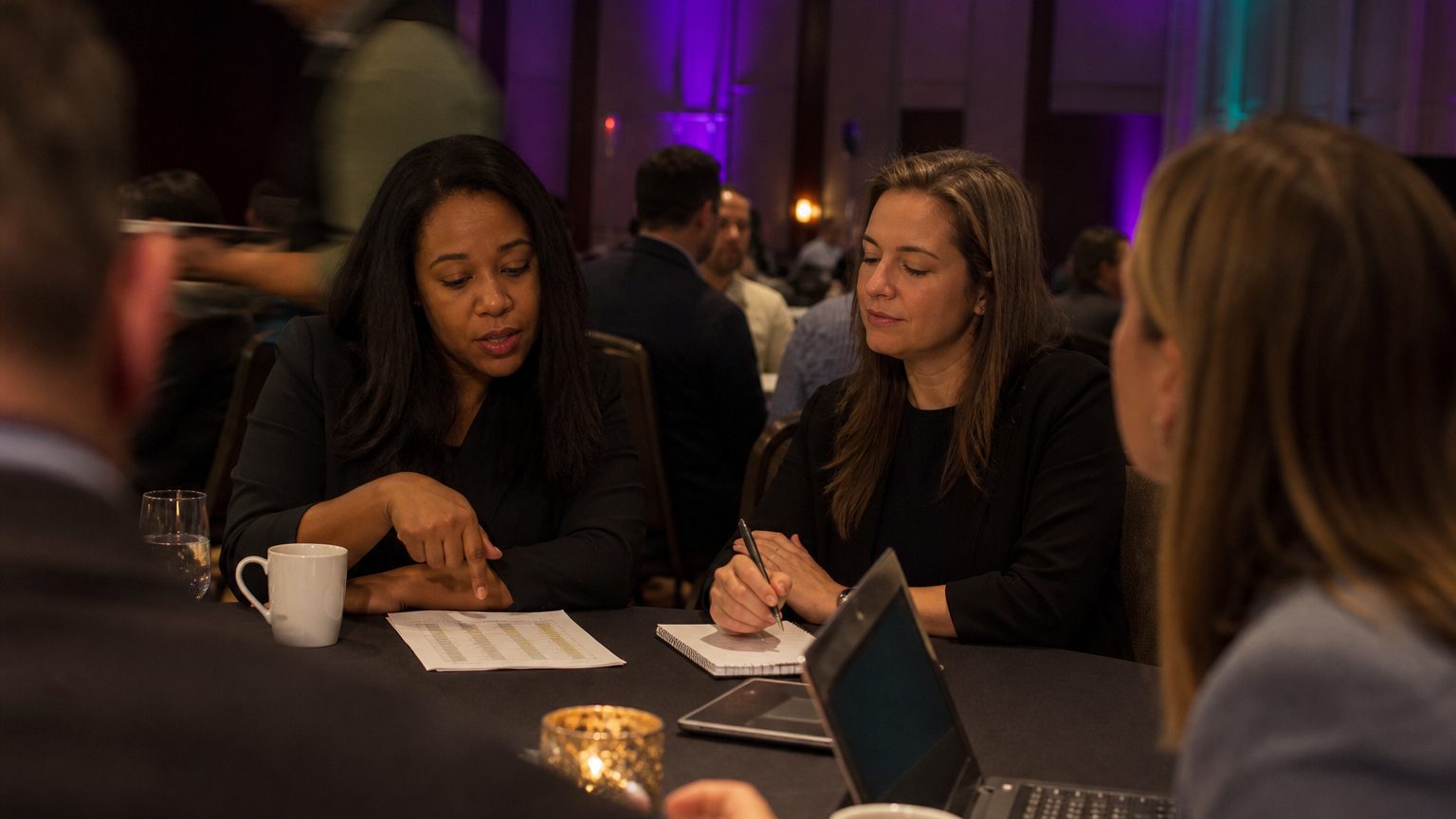 Two corporate event planners across a hotel meeting-room table mid-discussion