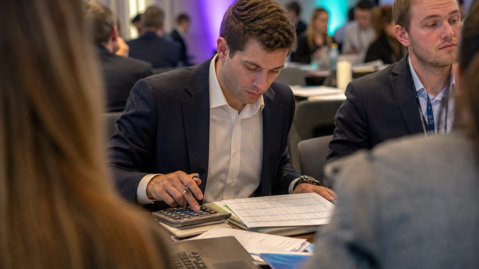 Close-up of a financial manager’s hands using a calculator and reviewing printed spreadsheets filled with numbers and