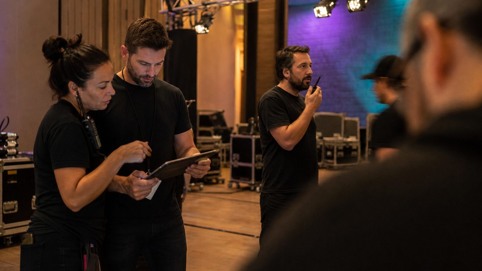 Two crew in black checking a rigging plot on a tablet while a third talks into a radio