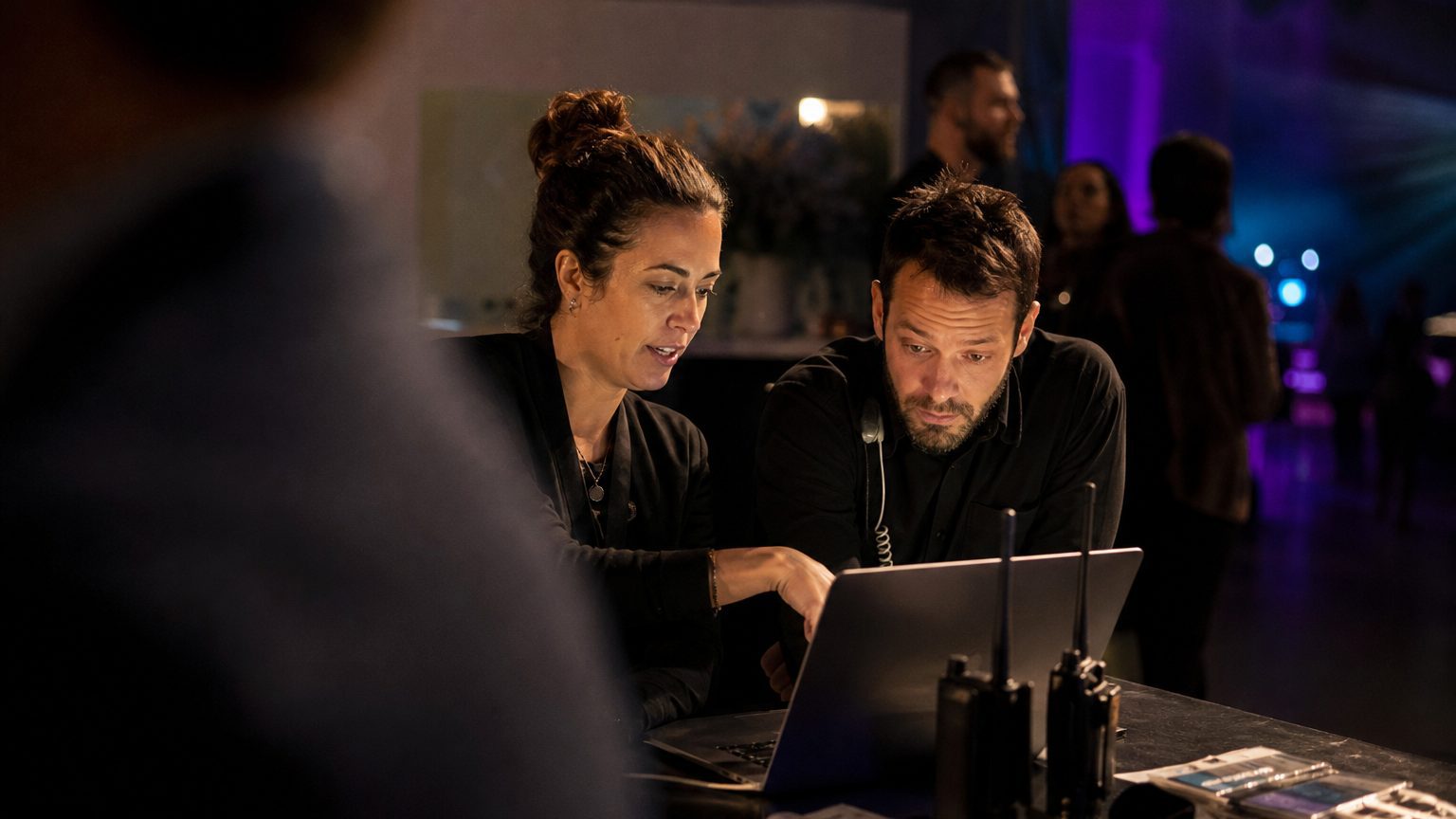 Two event operations colleagues at a laptop in a venue back-of-house area during an event