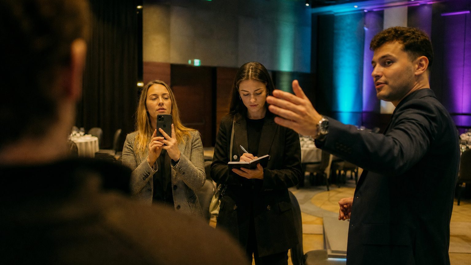 A venue manager gesturing across a function space to two corporate planners