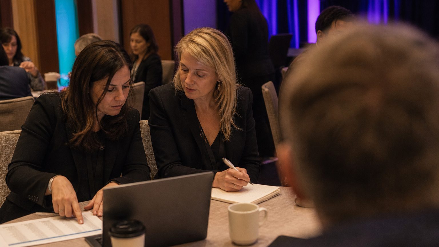 Two corporate event planners across a hotel meeting-room table mid-discussion