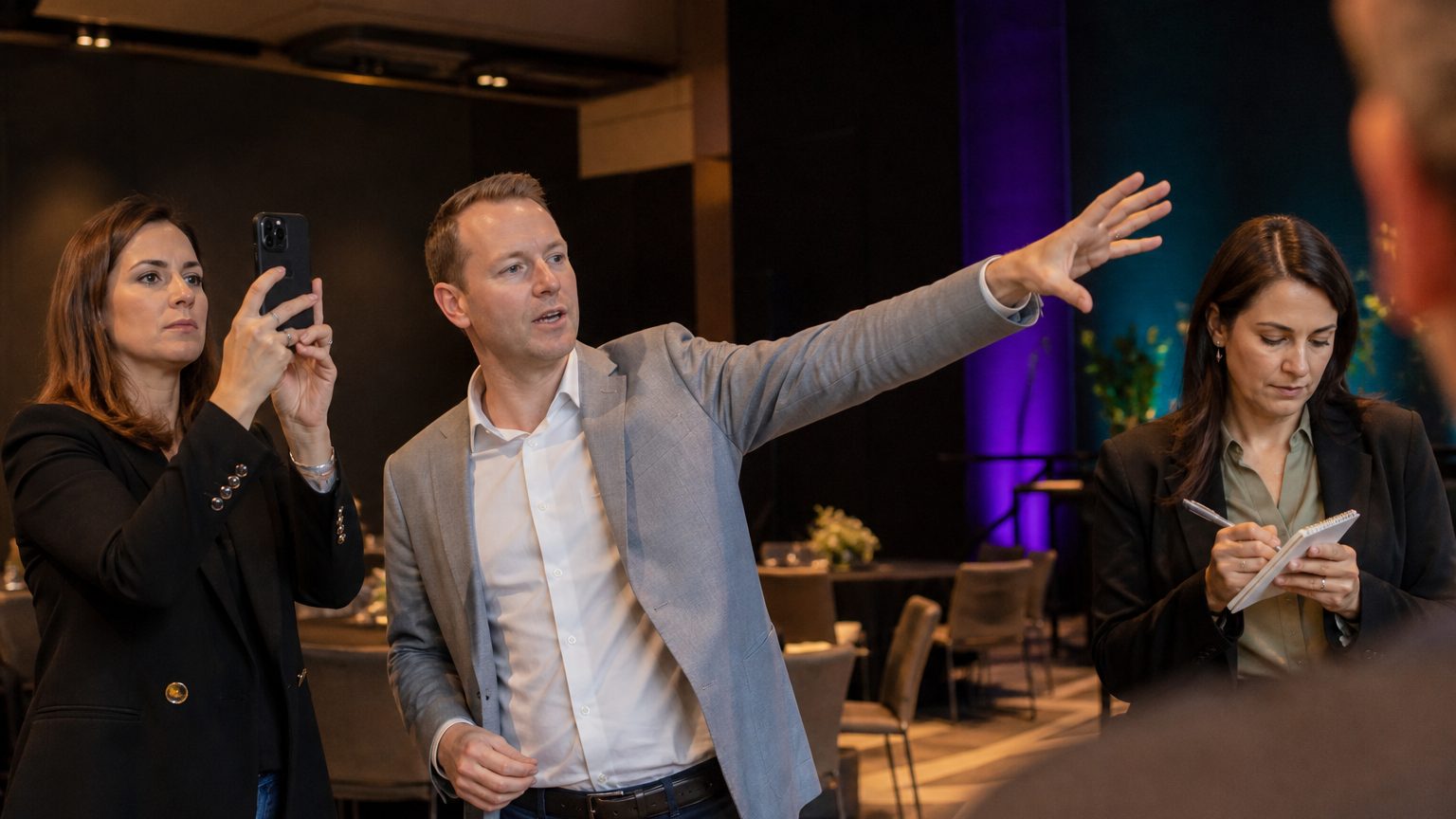 A venue manager gesturing across a function space to two corporate planners