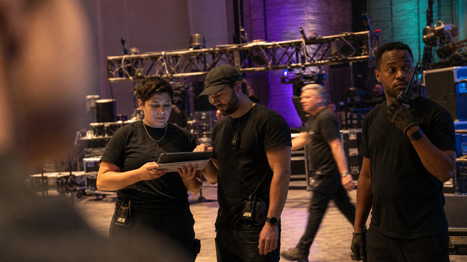 Two crew in black checking a rigging plot on a tablet while a third talks into a radio