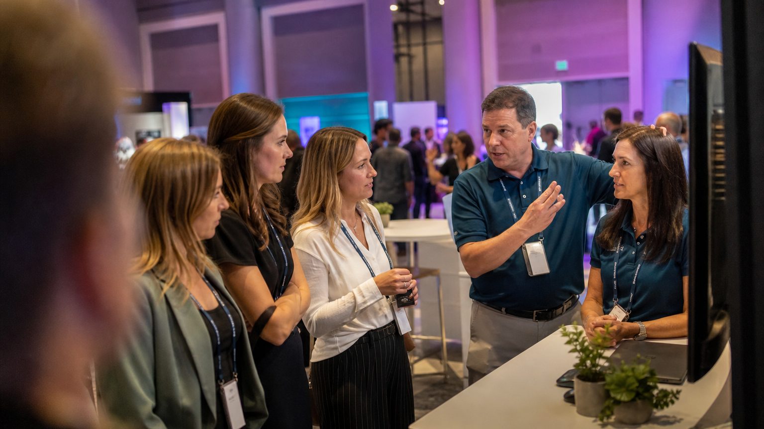 Booth staff demonstrating a product to visitors at an exhibit stand