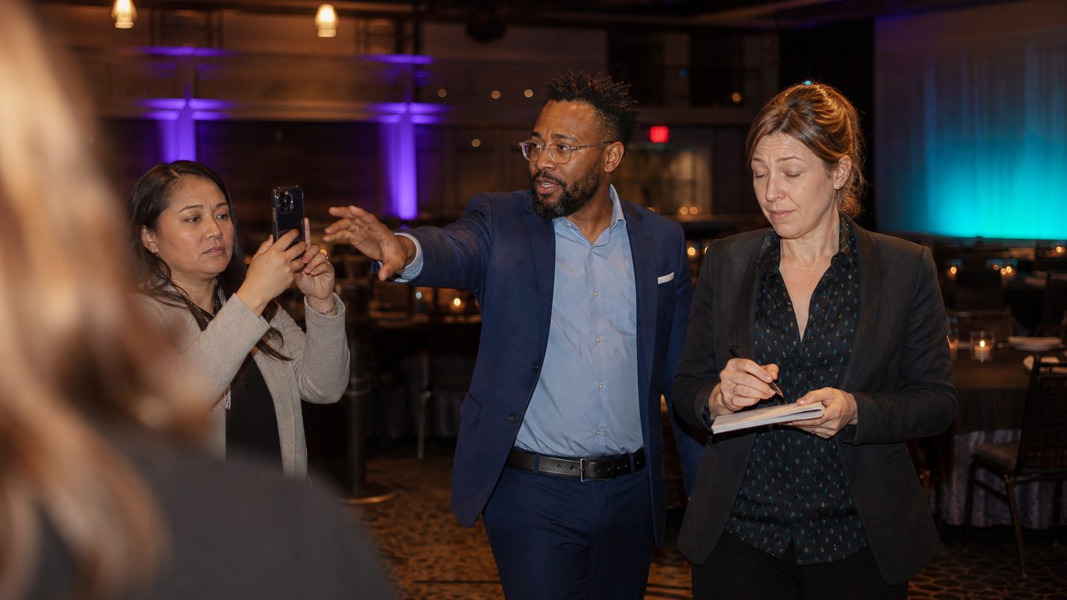 A venue manager gesturing across a function space to two corporate planners