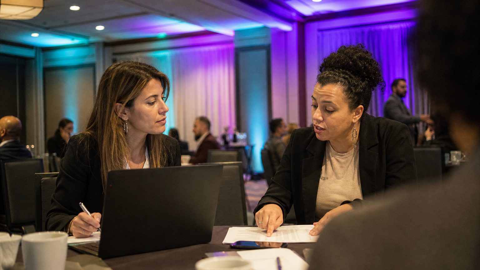 Two corporate event planners across a hotel meeting-room table mid-discussion
