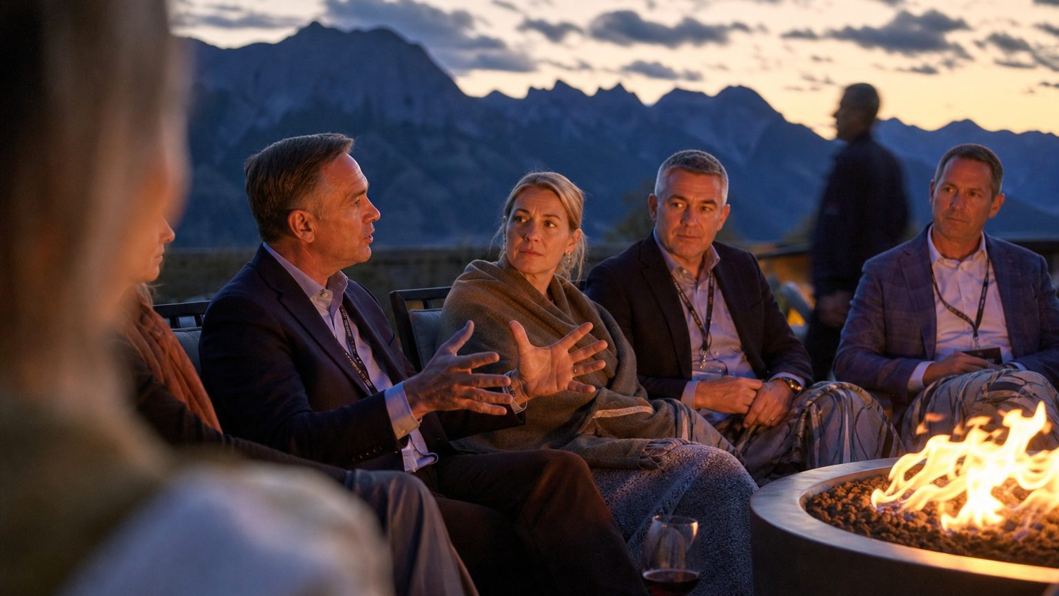 Executives talking around an outdoor firepit at dusk with mountains behind them