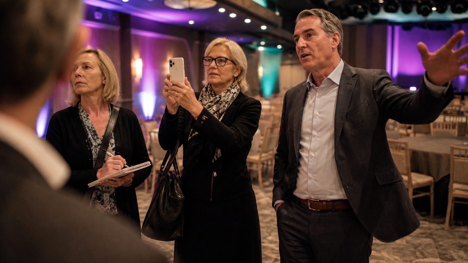 A venue manager gesturing across a function space to two corporate planners