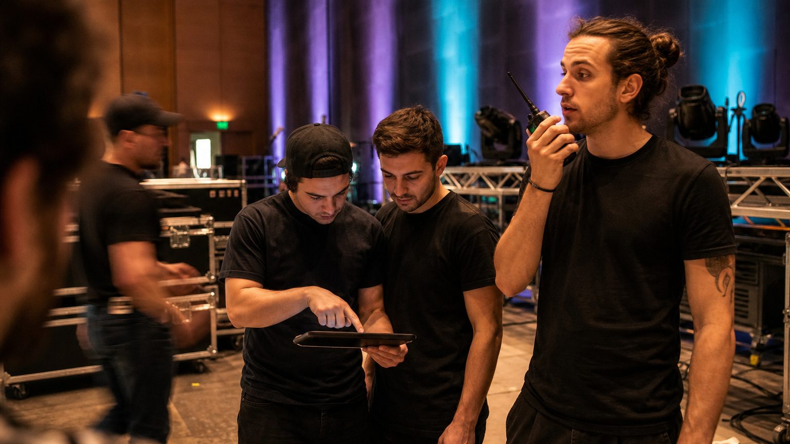 Two crew in black checking a rigging plot on a tablet while a third talks into a radio