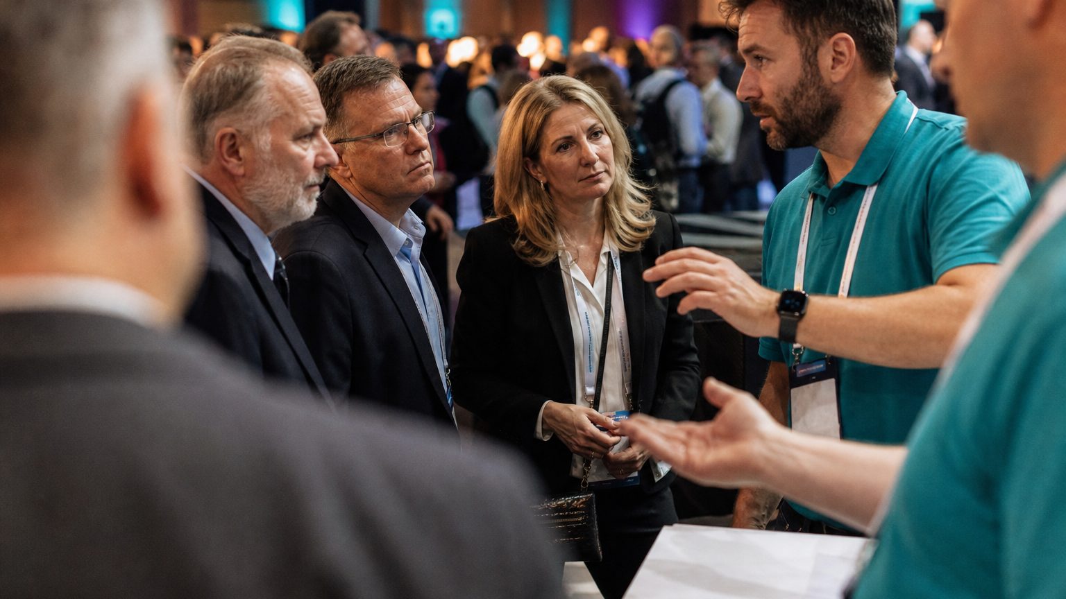 Two exhibitors in branded polos talking with three visitors at a booth counter
