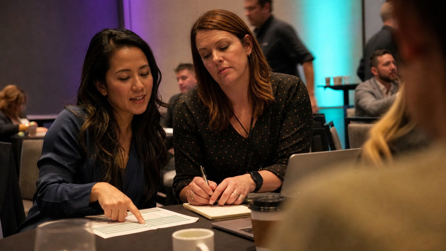 Two corporate event planners across a hotel meeting-room table mid-discussion