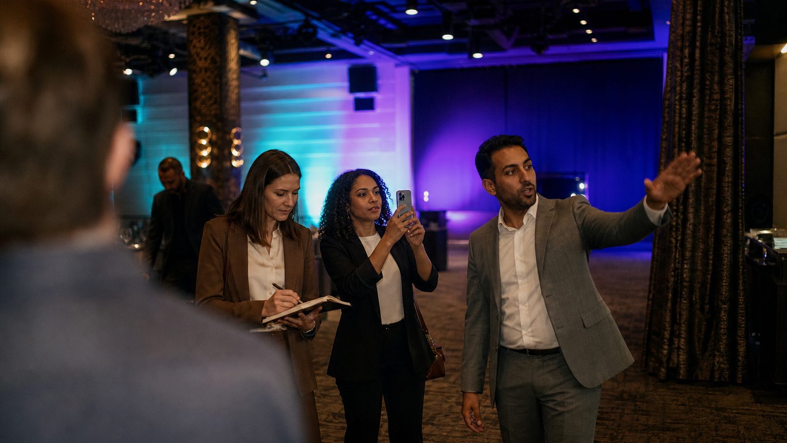 A venue manager gesturing across a function space to two corporate planners