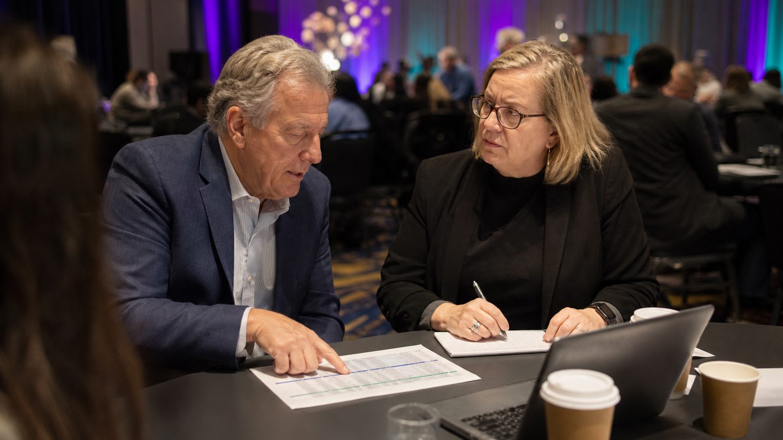 Two corporate event planners across a hotel meeting-room table mid-discussion