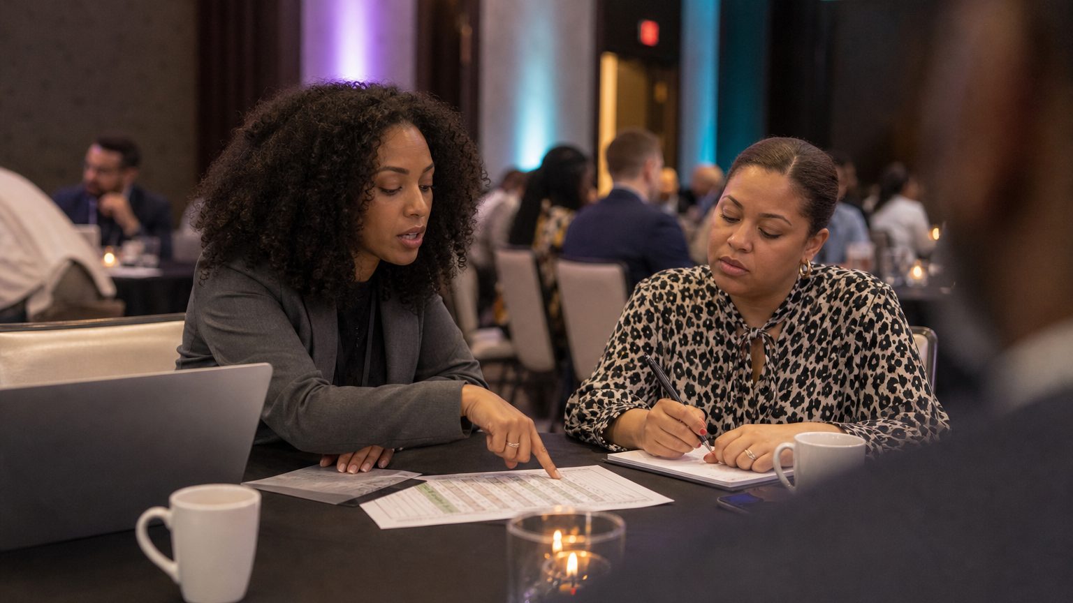 Two corporate event planners across a hotel meeting-room table mid-discussion