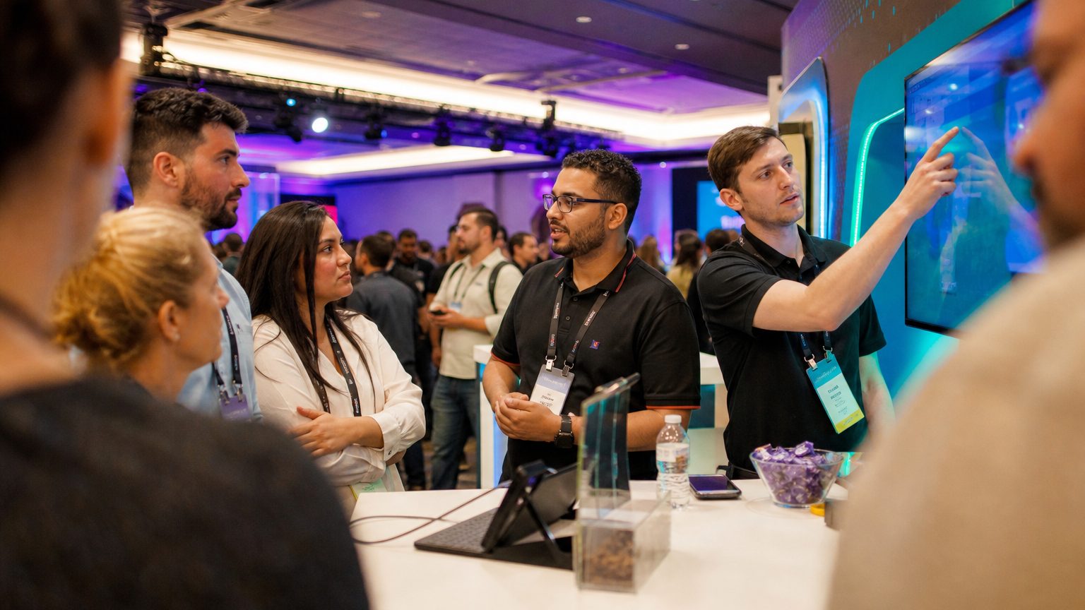 Two exhibitors in branded polos talking with three visitors at a booth counter