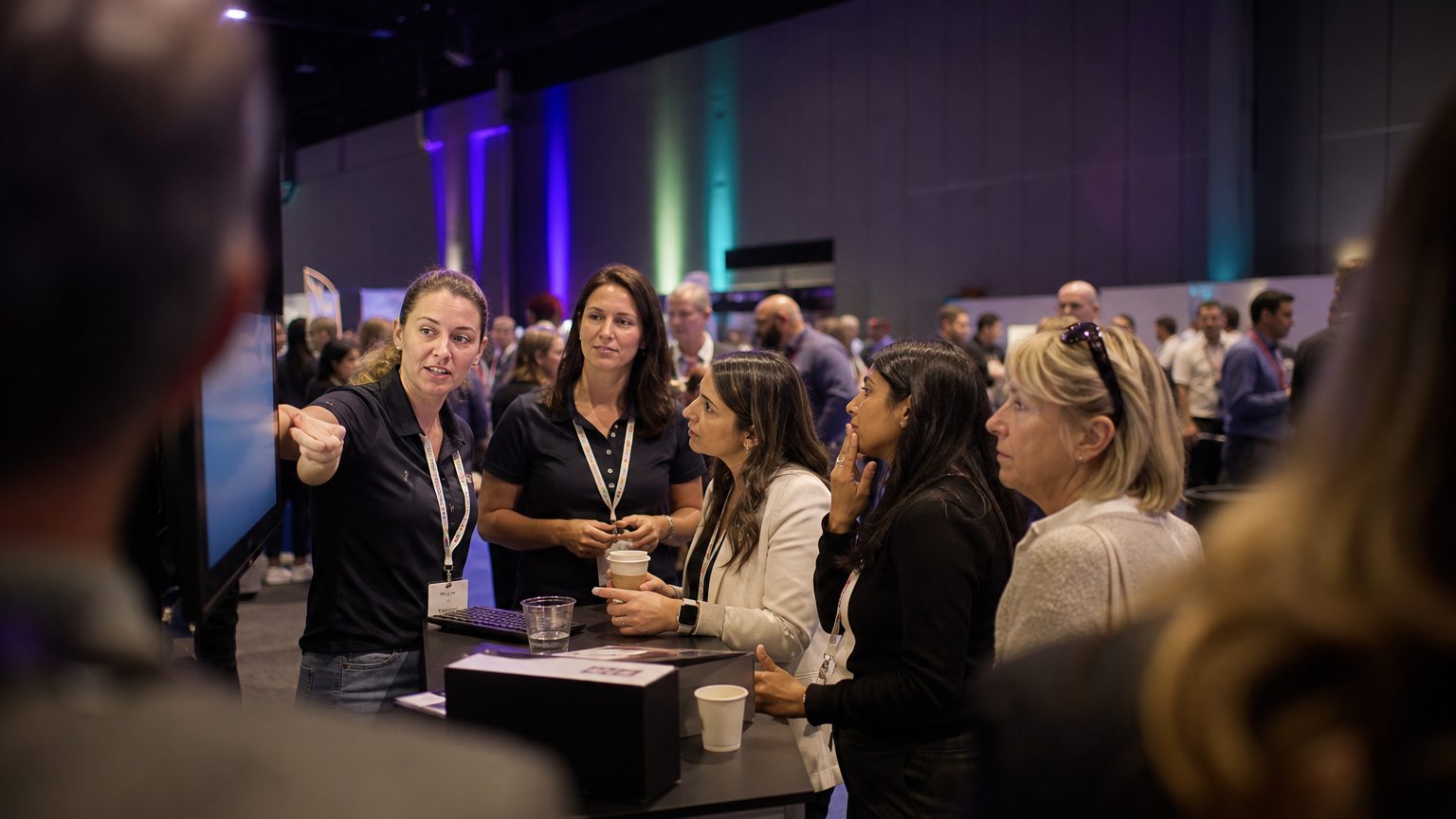 Two exhibitors in branded polos talking with three visitors at a booth counter