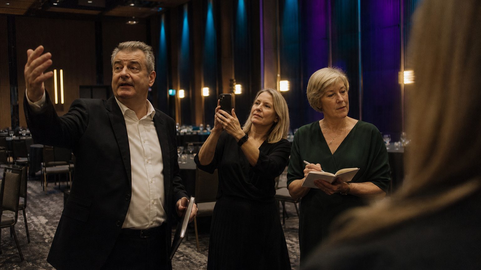 A venue manager gesturing across a function space to two corporate planners