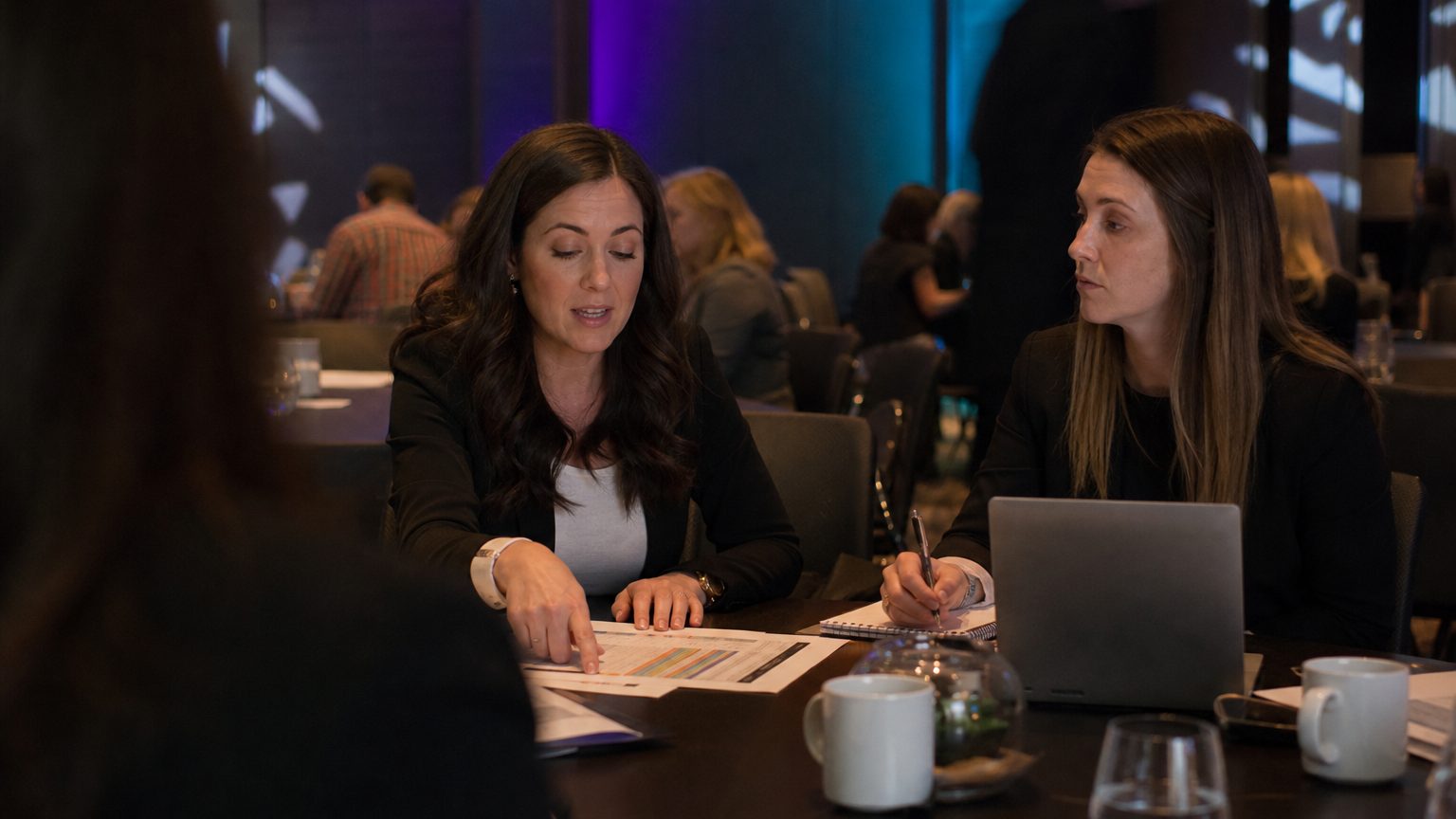 Two corporate event planners across a hotel meeting-room table mid-discussion