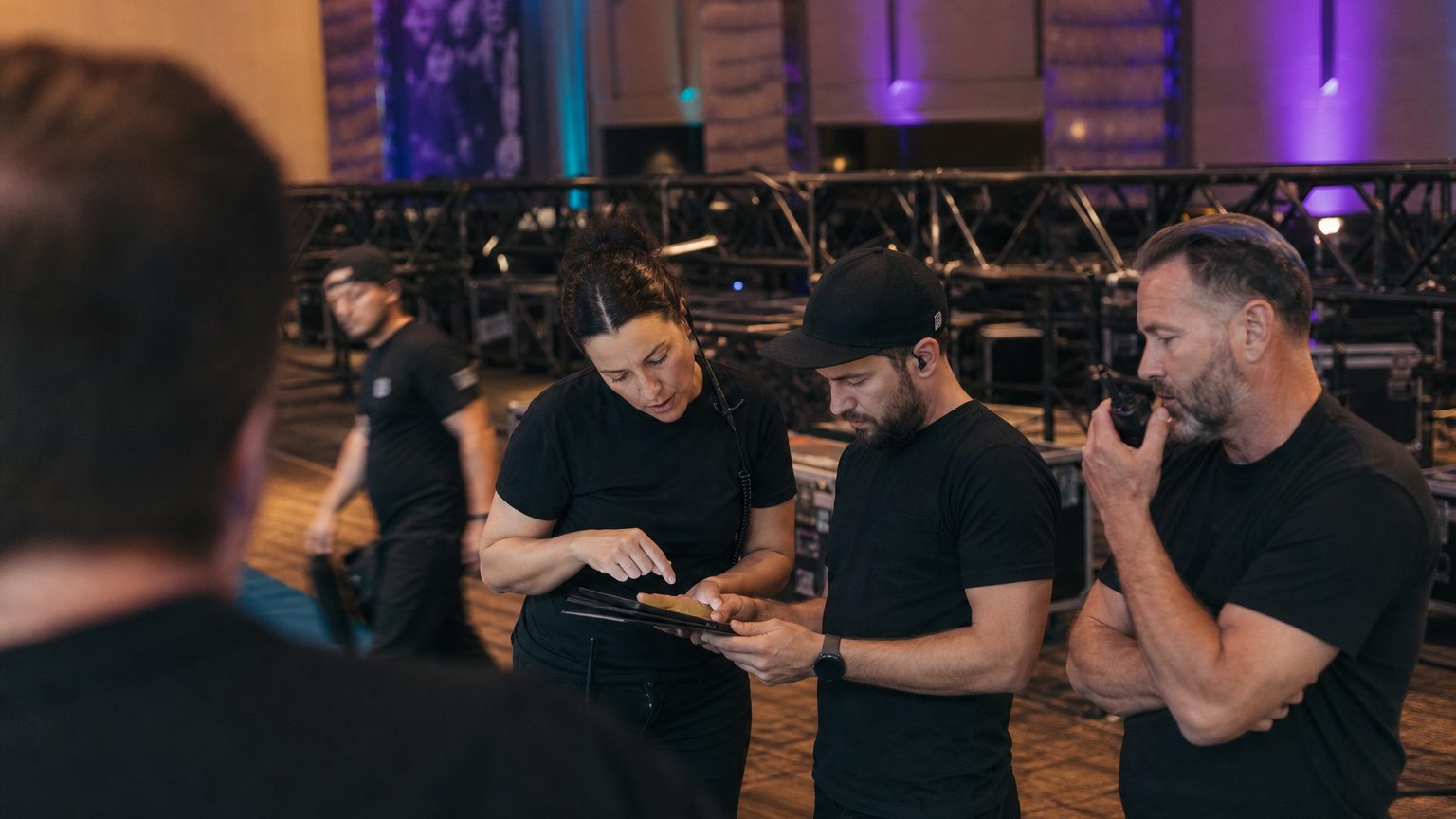 Two crew in black checking a rigging plot on a tablet while a third talks into a radio