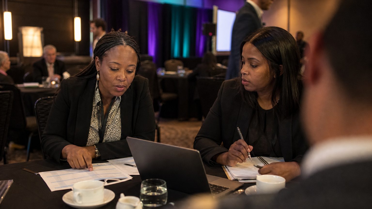 Two corporate event planners across a hotel meeting-room table mid-discussion