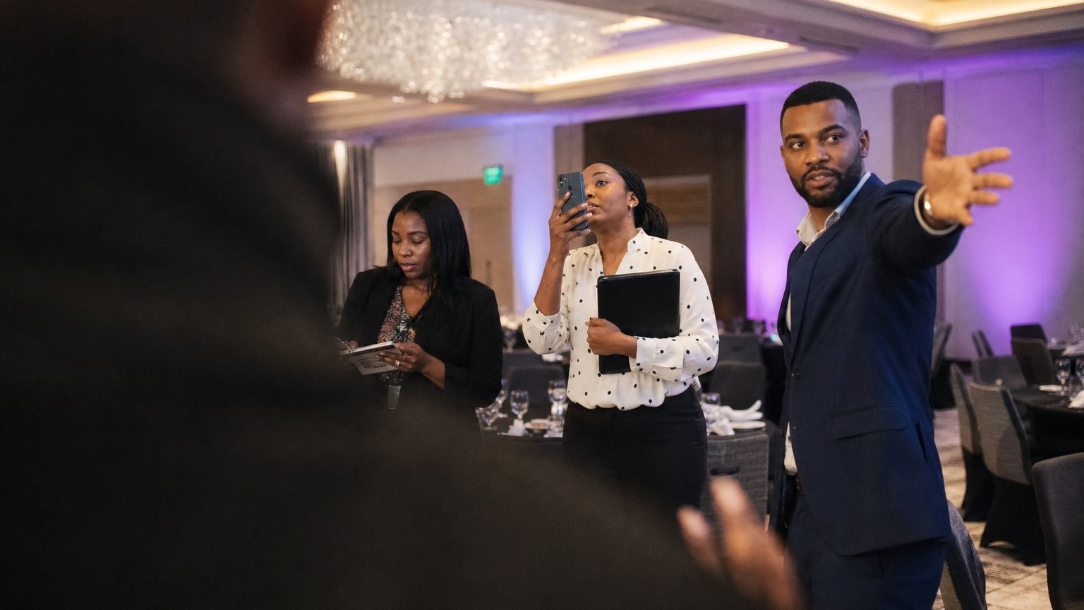 A venue manager gesturing across a function space to two corporate planners