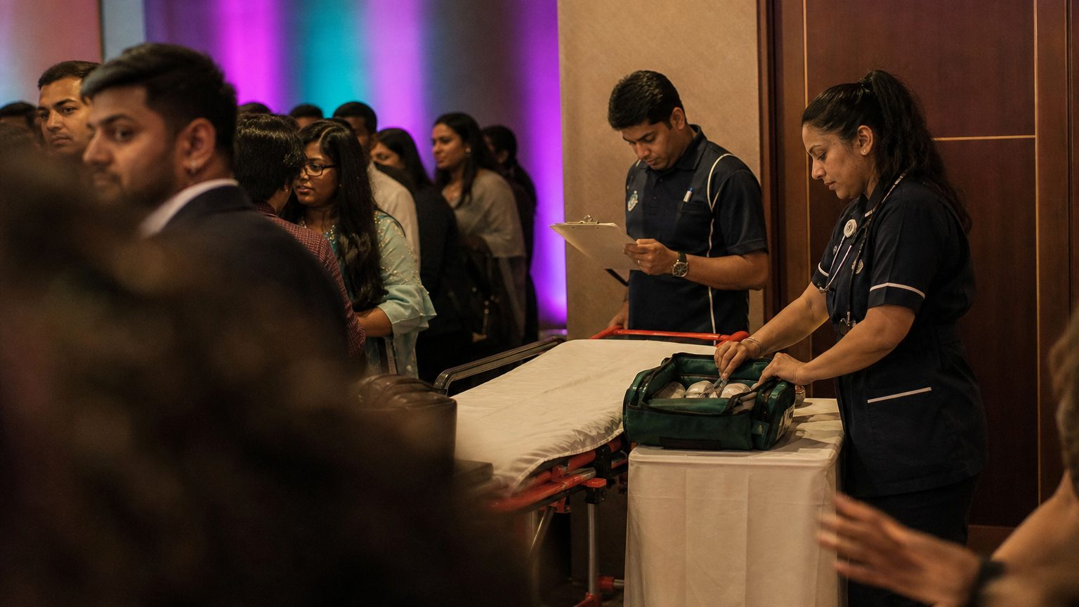Nurse in uniform adjusts a medical kit on a table next to a stretcher in a well-lit event first aid station, preparing
