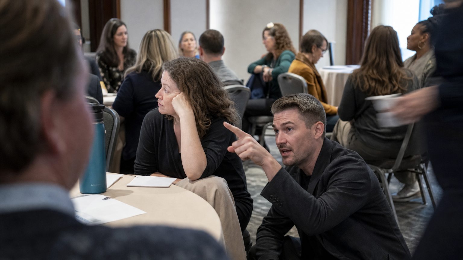A facilitator crouches beside a seated attendee at a round table, speaking quietly and pointing toward the center of the room where a small group activity has stalled mid-exercise, chairs pulled at odd angles.